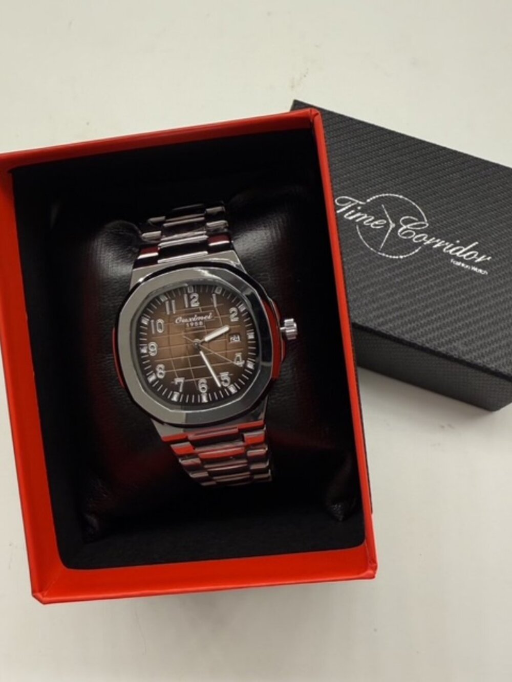 $125 OUXIMEI 1958 MENS PP 40MM BROWN DIAL STEEL DATE AUTOMATIC WATCH NIB - Picture 6 of 8